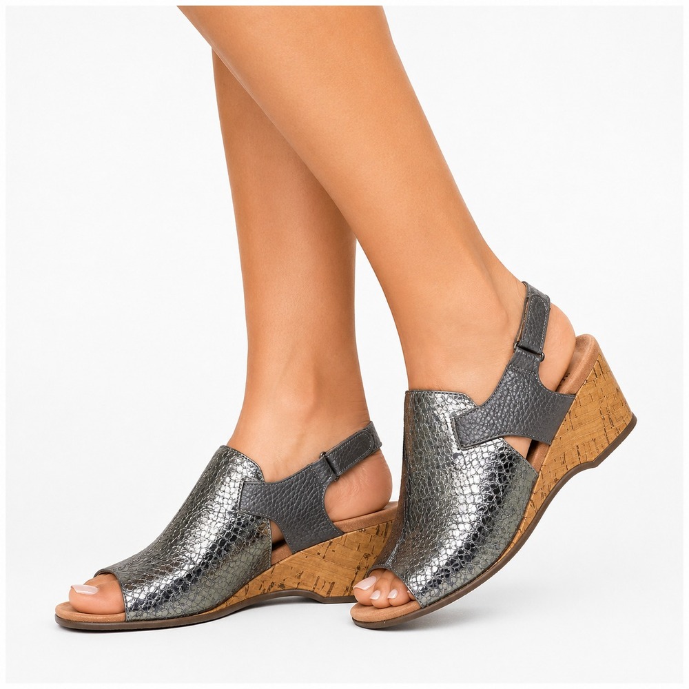 Vionic Tatiana Wedge Sandals Womens 9.5 Metallic Snake Leather Slingback Comfort